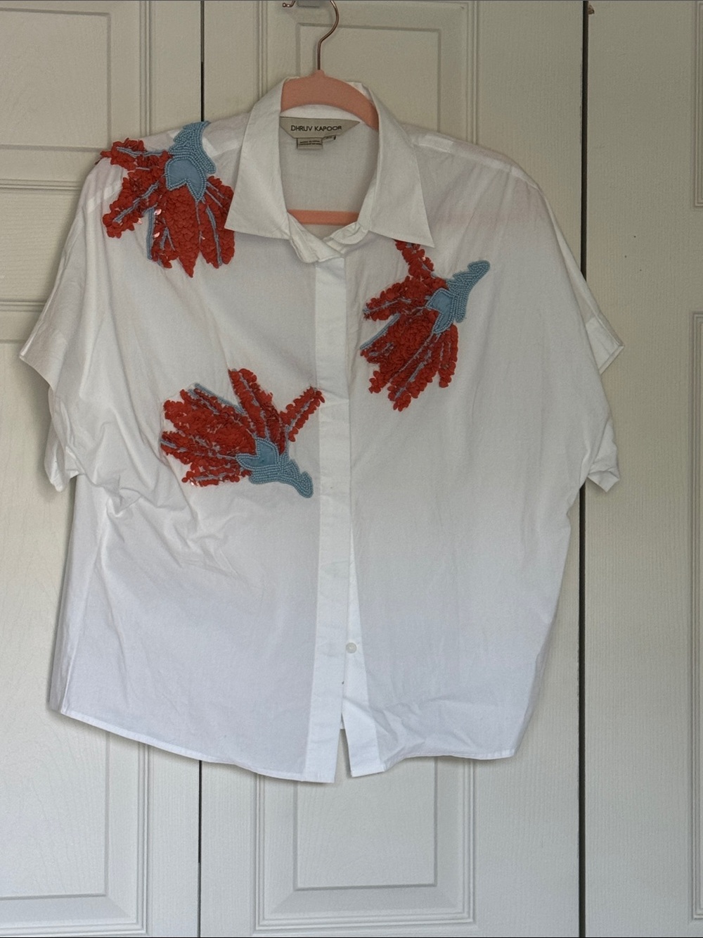 DRYDEN KARDON White Button-Front Top with Orange & Blue Beaded Accents